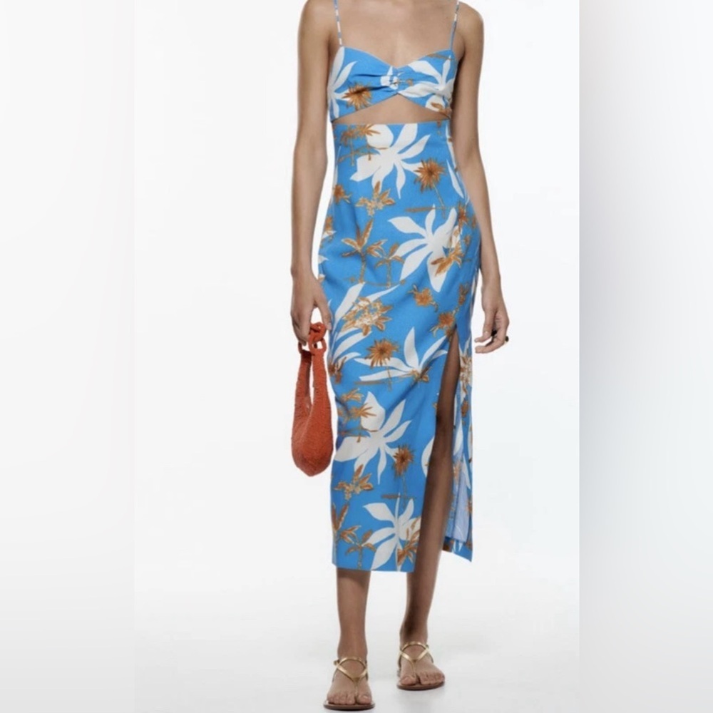 Zara Tropical Floral Blue Linen Blend Cut Out Front Slit Dress - Picture 2 of 13